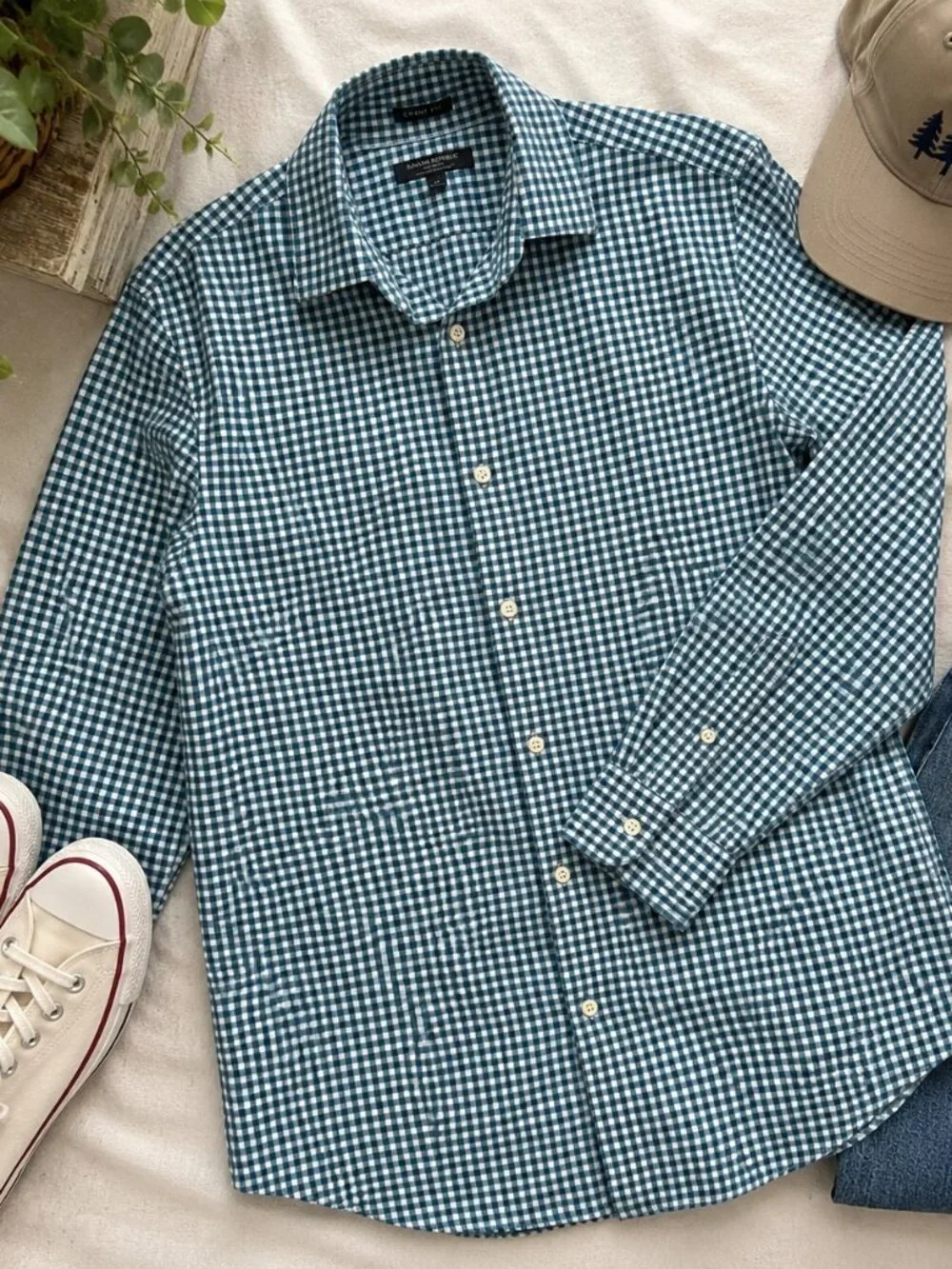 Banana Republic Grant Fit Blue Green Gingham Button Down Shirt Men’s M